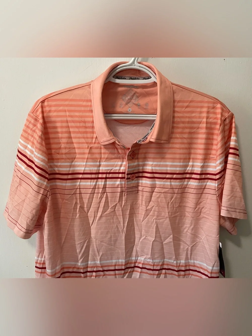 Flag & Anthem Men’s Striped Golf Polo Shirt Short Sleeves Coral White Red Medium